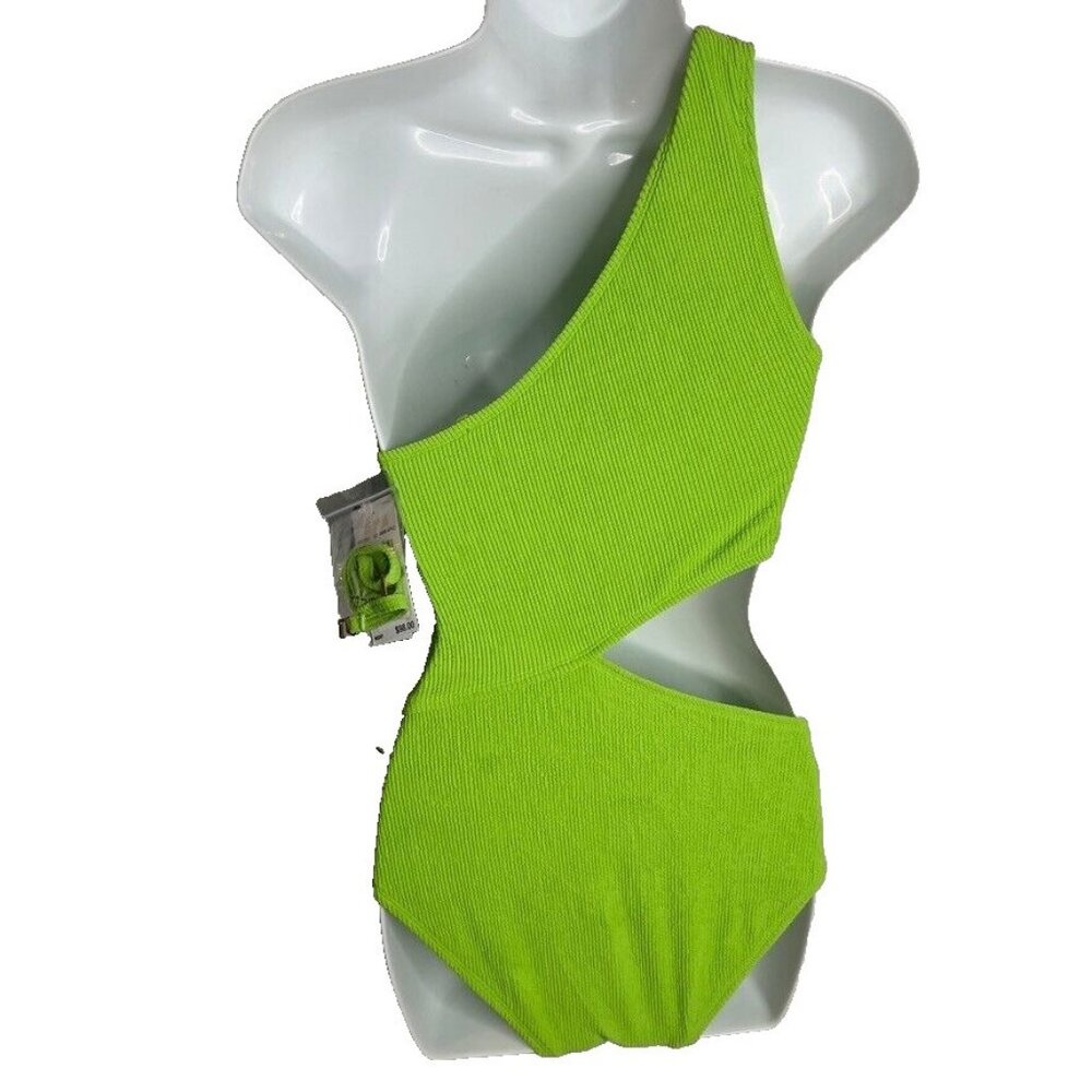 Michael Kors Women's One-Shoulder Side-Cutout Swimsuit Green Apple Size 14 - Picture 3 of 7